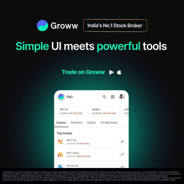 Ad for the Groww investing app highlighting its simple UI and powerful tools. The ad shows a phone screen displaying the