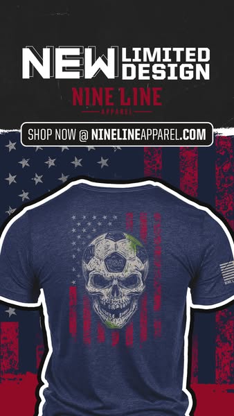 The ad showcases a t-shirt from Nine Line Apparel featuring a graphic of a skull-soccer ball hybrid over an American fla
