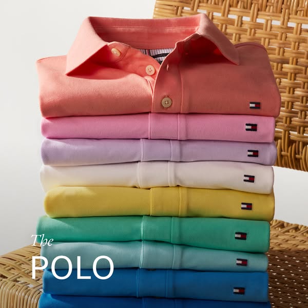 This image ad showcases a stack of Tommy Hilfiger polo shirts in various colors. The focal point is on the variety of co