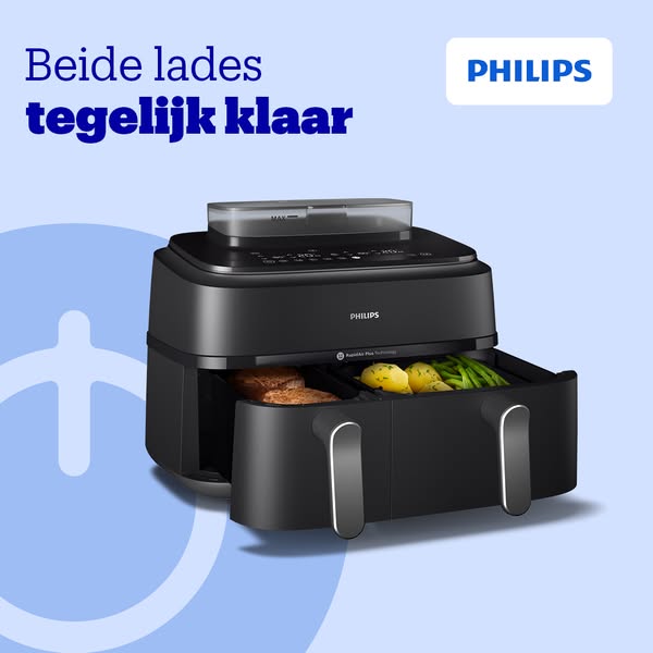 This ad showcases a Philips air fryer with two drawers that can cook different foods simultaneously. The ad highlights t
