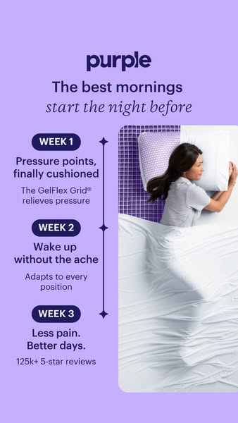 The image ad showcases Purple's bed and pillow products, claiming to relieve pressure and eliminate pain for better