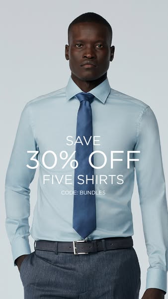 This ad showcases a stylishly dressed man in a dress shirt and tie, highlighting a discount offer of 30% off on the purc