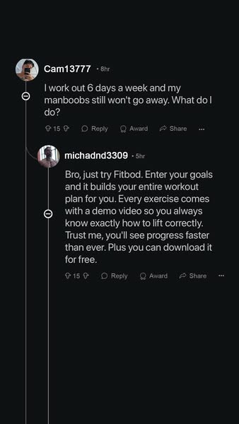 This ad uses social proof in the form of a comment from a user to encourage new users to try Fitbod. The ad shows a comm