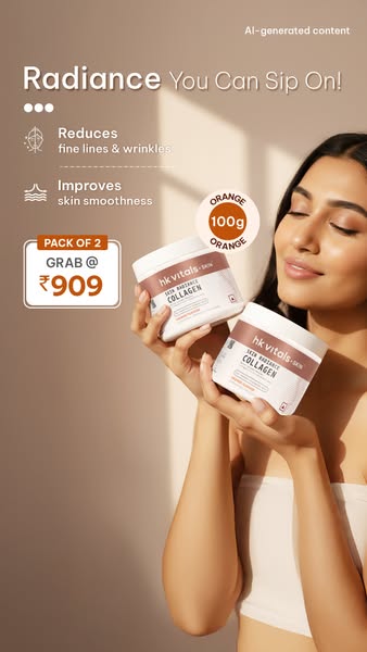 A visually-driven advertisement showcasing hk vitals+ Skin Radiance Collagen in orange flavor, emphasizing the product&#