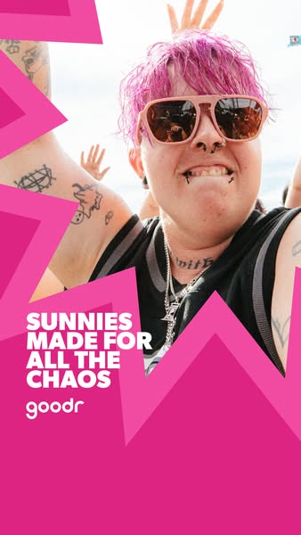 This image ad for Goodr sunglasses features a person with pink hair and multiple piercings wearing the product at an out