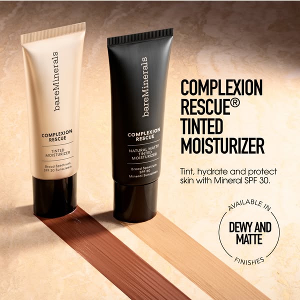 This ad for bareMinerals Complexion Rescue tinted moisturizer features a light and dark shade of the product, along with