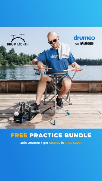 An image ad promoting Drumeo's free practice bundle, encouraging people to join Drumeo.