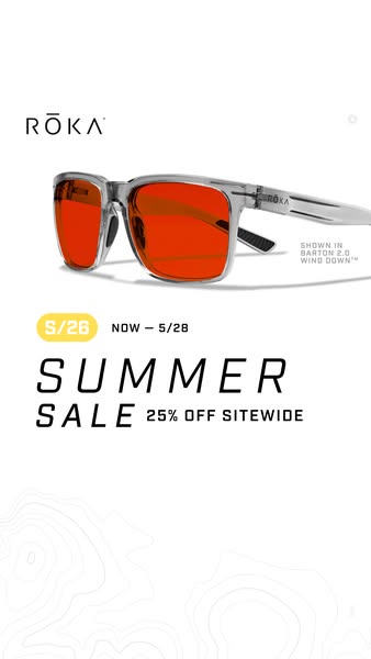 This ad promotes a Summer Sale from Roka, offering 25% off sitewide from 5/26 to 5/28. The ad features the Barton 2.0 Wi
