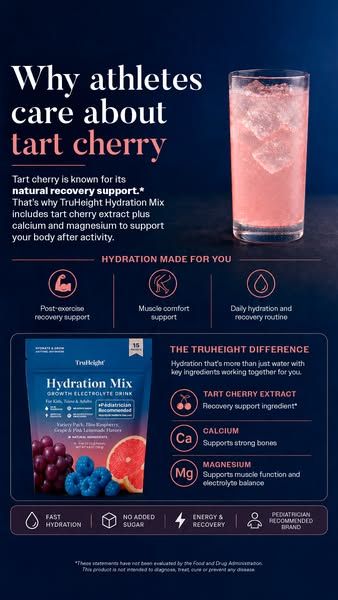 An image ad for TruHeight Hydration Mix in the tart cherry flavor, aimed at athletes. The ad highlights the drink's 