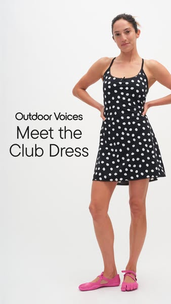 This is an image ad for the Outdoor Voices Club Dress. The ad features a person wearing the dress.