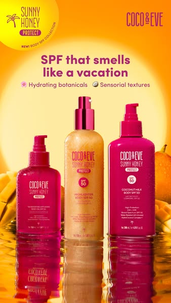 A Coco & Eve image ad promoting the Sunny Honey Protect line of SPF products. The ad features three products, highli