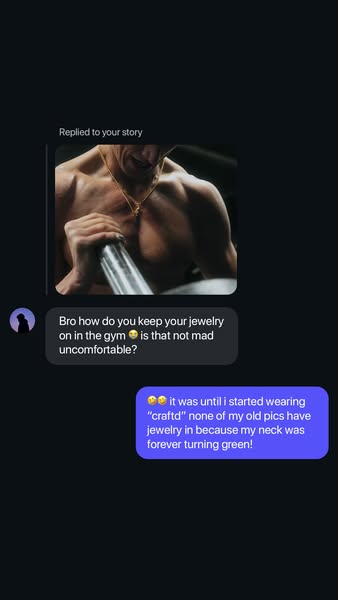 A screenshot of a social media conversation is shown to promote jewelry that won't turn skin green. In the first mes