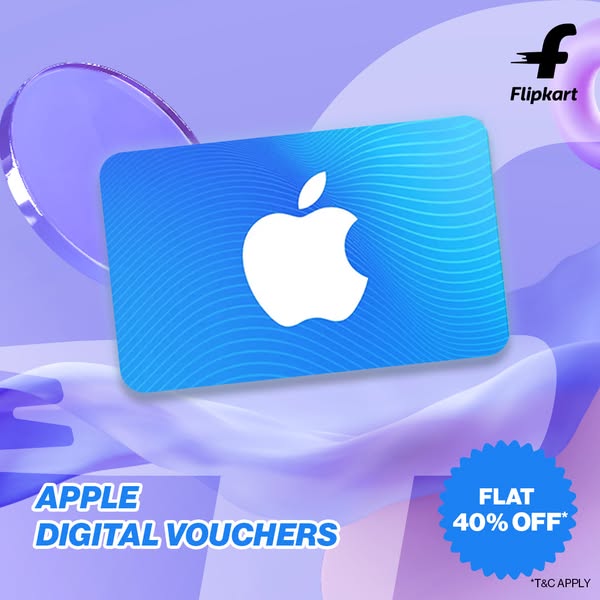 This ad is for Apple digital vouchers available through Flipkart. It features a blue and white Apple gift card with a di