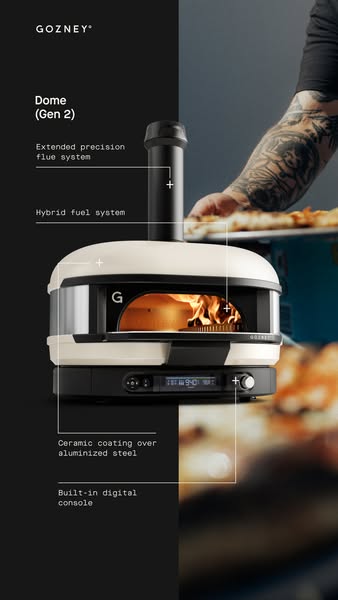 This ad showcases the features of the Gozney Dome (Gen 2) pizza oven. The image is split in half, with a close-up produc