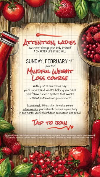 This image ad promotes a mindful weight loss course for women, starting on Sunday, February 1st. It promises results wit