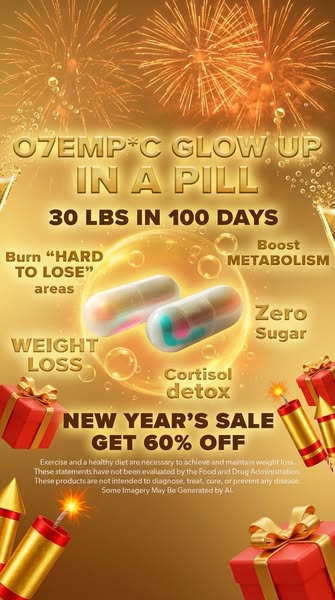 This image ad promotes a weight loss supplement called "O7EMP*C GLOW UP IN A PILL" with a New Year's sale 