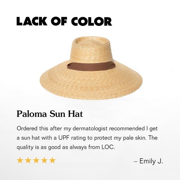 This ad features a sun hat from Lack of Color. The ad includes a customer testimonial about the quality of the hat and i
