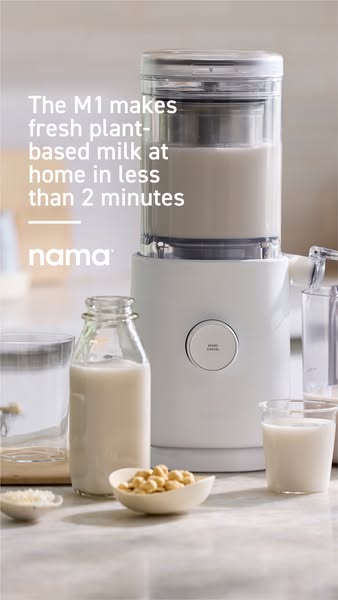 This ad showcases the Nama M1 plant-based milk maker, highlighting its ability to make fresh milk at home in under 2 min