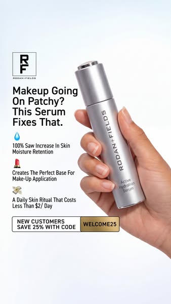 This image ad for Rodan + Fields focuses on the benefit of the Active Hydration Serum for preventing patchy makeup appli