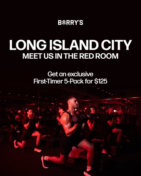 This image ad for Barry's promotes an exclusive First-Timer 5-Pack for $125 at their Long Island City location. The 