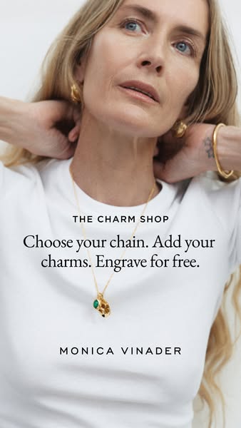 This Monica Vinader ad promotes their charm shop, highlighting the ability to choose chains, add charms, and get free en