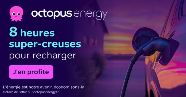 This ad promotes Octopus Energy, highlighting the benefit of 8 hours of off-peak electricity rates for recharging electr