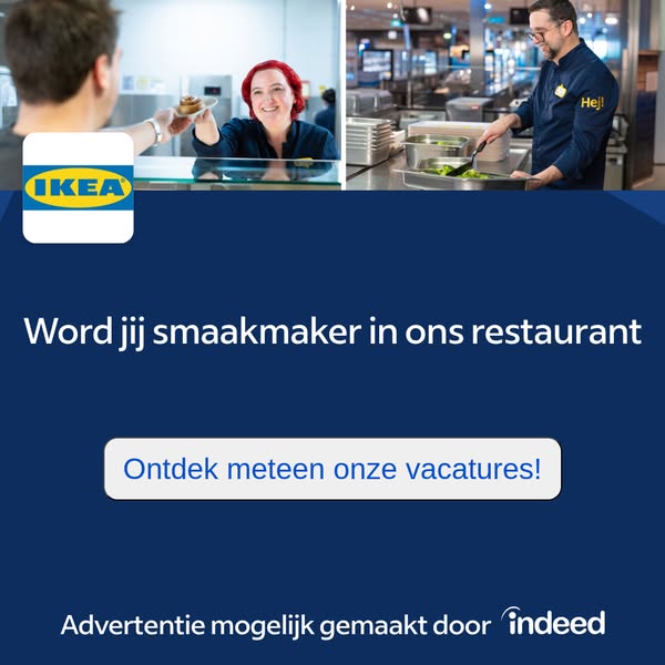 This ad is for a job posting at IKEA. Two images are shown, one of a woman handing food over a counter, the other of a m