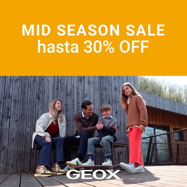 An advertisement for Geox shoes promotes a mid-season sale with up to 30% off. The image features a family of four weari