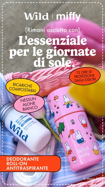 This image ad promotes Wild | miffy deodorant. Two deodorants are placed in a picnic basket with props, and text overlay