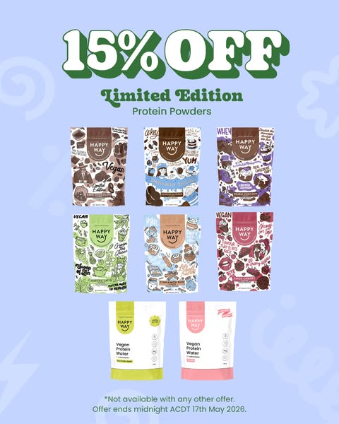 An image ad displaying 7 Happy Way protein powders and 2 Happy Way vegan protein water packets along with an offer of 15