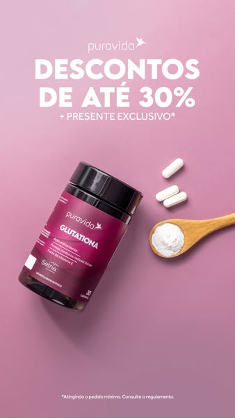 This ad features a Puravida Glutationa supplement bottle next to a spoonful of powder and two capsules, promoting a disc