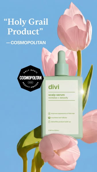 This ad highlights the Divi scalp serum by showcasing its key features and benefits, as vouched for by Cosmopolitan, wit