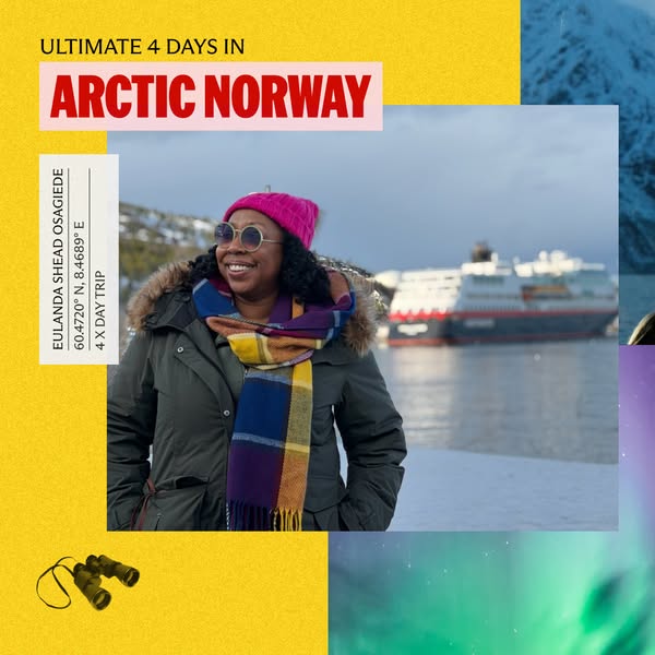 This ad highlights an Arctic Norway vacation taken by a woman, likely a travel influencer, and promotes an ultimate 4 da