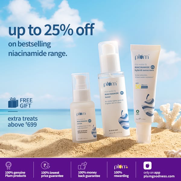 This image ad promotes Plum's niacinamide range of skincare products, offering up to 25% off. It highlights a free g