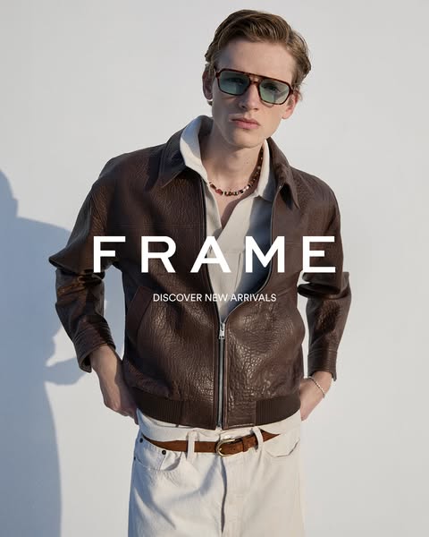 This ad from FRAME features a male model wearing a brown leather jacket and advertises new arrivals.