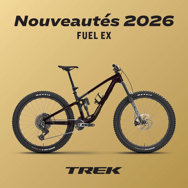 This ad showcases the Trek Fuel EX mountain bike, highlighting its 2026 model updates. The ad uses a clean, studio-shot 