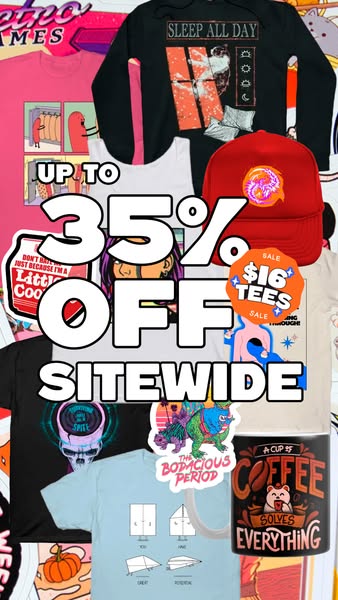 This image ad promotes a site wide sale with up to 35% off sitewide and $16 tees.