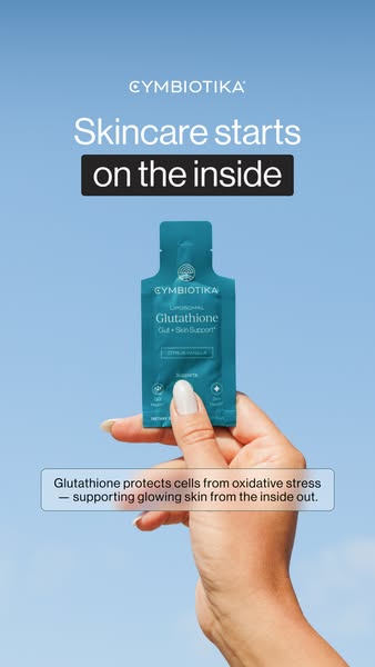 This ad for Cymbiotika focuses on the benefits of Liposomal Glutathione Gut + Skin Support for glowing skin, emphasizing