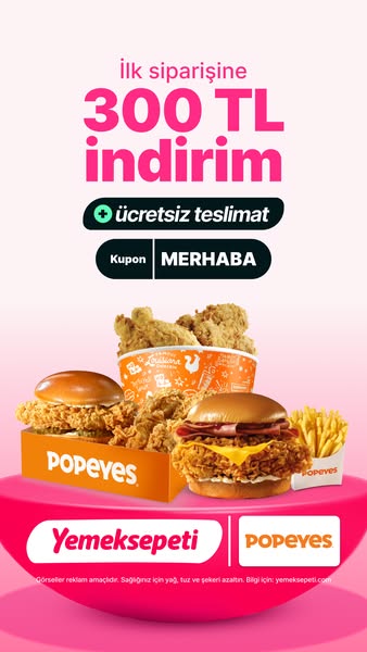 Image ad promoting a Popeyes offer of 300 TL off first orders when ordering through Yemeksepeti.