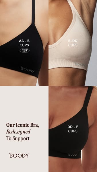 An image ad showcasing Boody's 'Iconic Bra, Redesigned To Support', featuring four close-up shots of the bra
