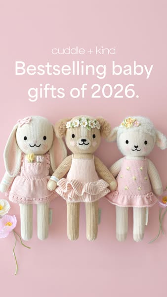 Ad shows three stuffed animals in dresses on a pink background to promote baby gifts. The ad says, "Bestselling bab