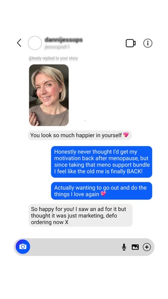 This ad features a screenshot of a text message conversation where one person compliments another on looking happier, an