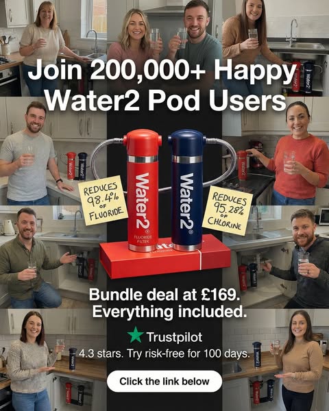 This ad is promoting the Water2 under-sink filtration system. It features several happy customers holding glasses of wat