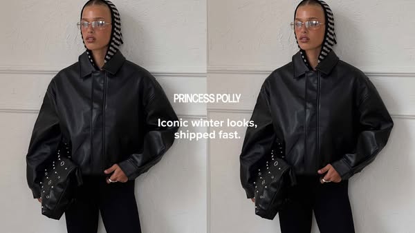 This ad for Princess Polly features a split screen with a model wearing a black jacket and carrying a studded bag. The t