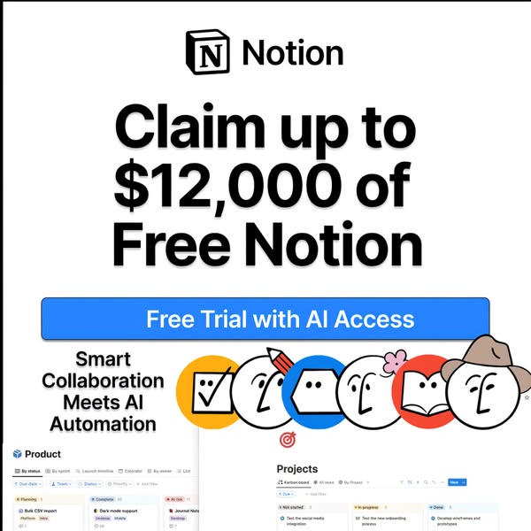 This ad promotes Notion, highlighting its collaborative and automation features. It offers a free trial with AI access a