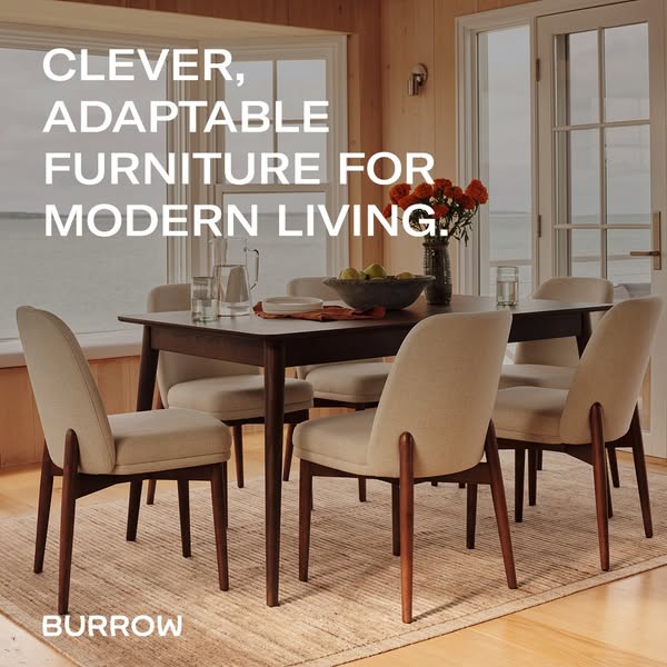 This image ad for Burrow features a dining room set and promotes the brand's clever and adaptable furniture for mode