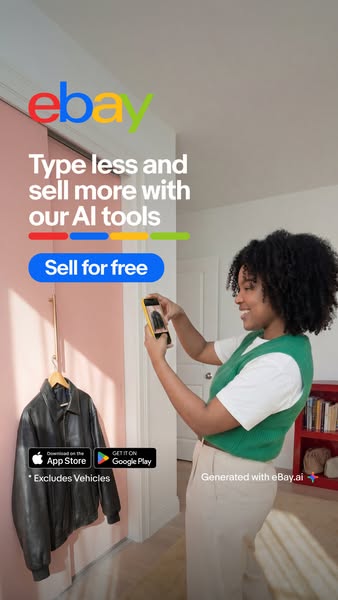 This ad for eBay highlights the ability to easily list and sell items through their platform by using AI to simplify the