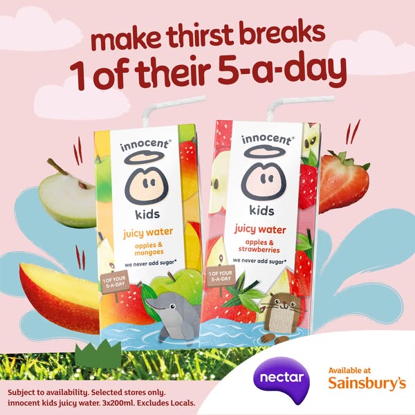 This ad is for Innocent kids juicy water, highlighting that it is a tasty way to get 1 of their 5-a-day and contains no
