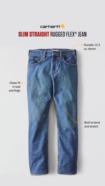 This image ad showcases the Carhartt Slim Straight Rugged Flex Jean. The ad is a simple product showcase, highlighting t