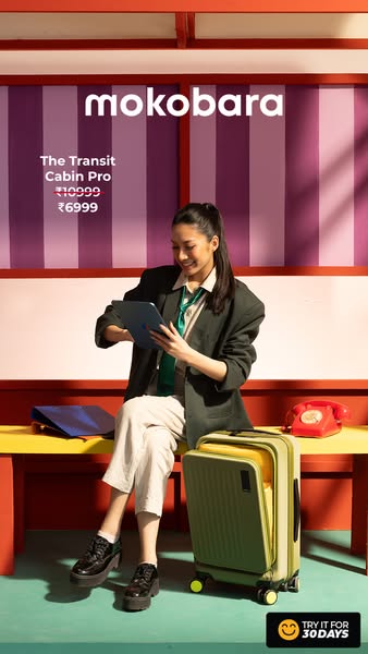 This Mokobara ad features a traveler who is sitting on a bench, working on her tablet as her suitcase sits next to her. 
